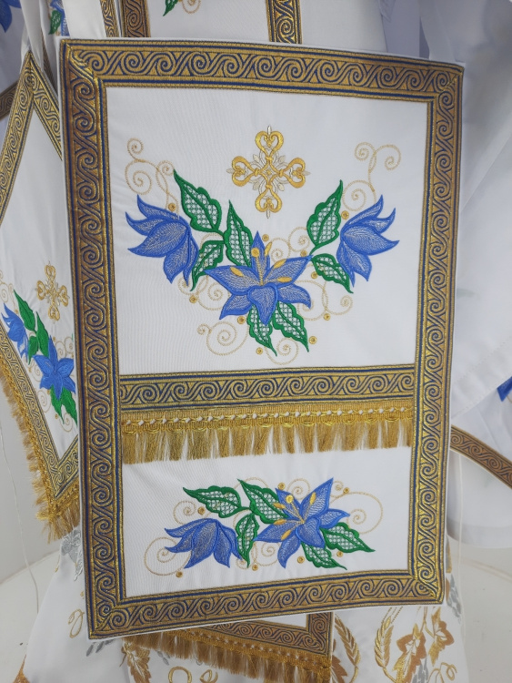 Priest Vestment, Greek Style, Embroidered Gabardine with Sewn Galloon, with Embroidered Icon of the Theotokos