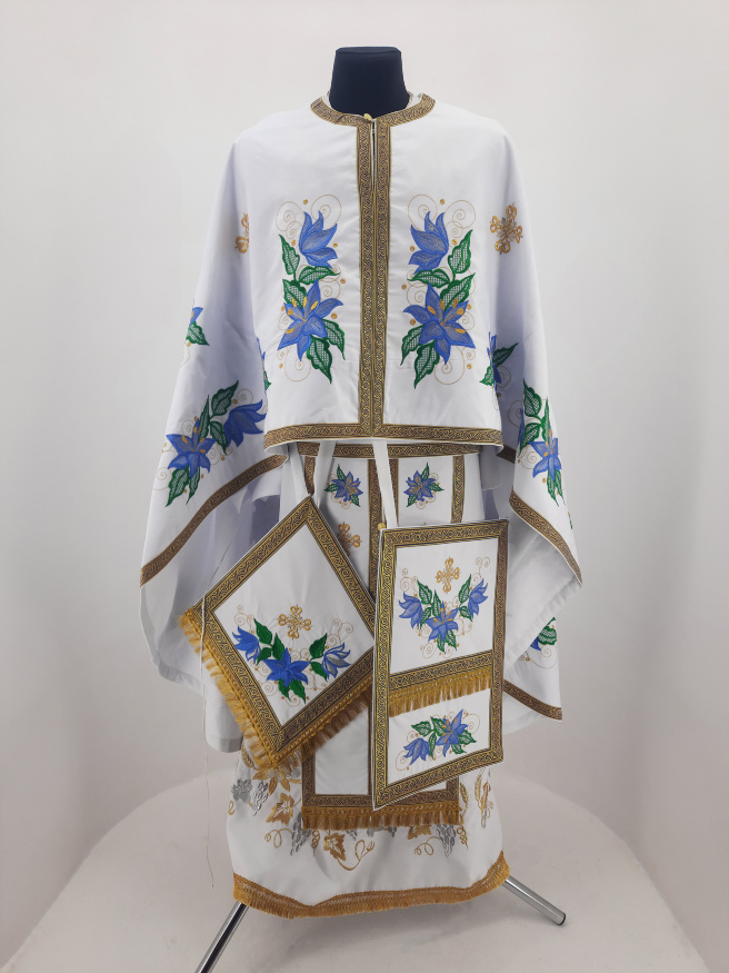 Priest Vestment, Greek Style, Embroidered Gabardine with Sewn Galloon, with Embroidered Icon of the Theotokos