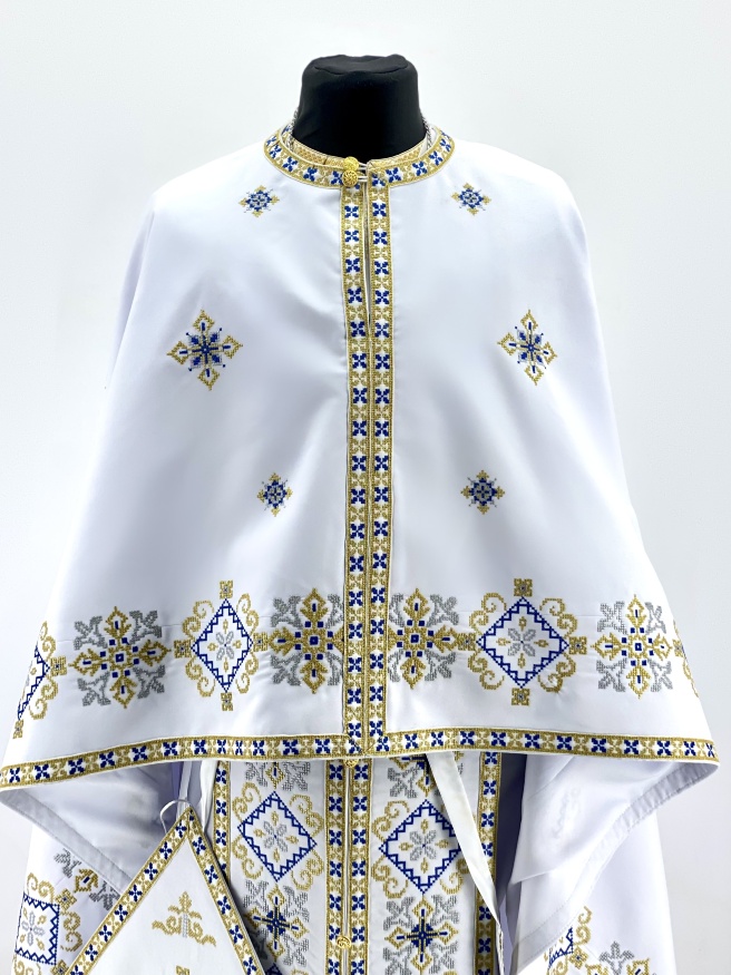 Priest Vestments, Greek Cut, Embroidered with French Cross Stitch on Gabardine with Embroidered Galloon