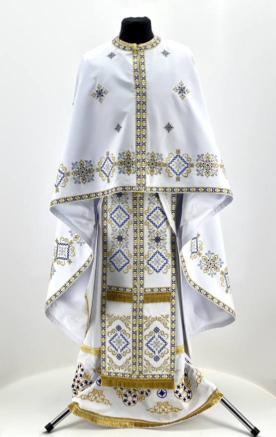 Priest Vestments, Greek Cut, Embroidered with French Cross Stitch on Gabardine with Embroidered Galloon