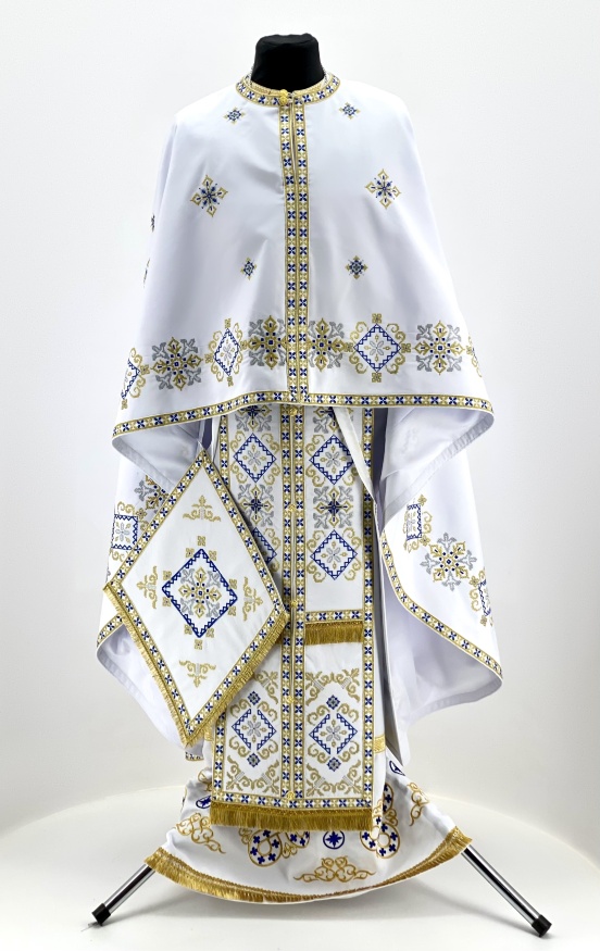 Priest Vestments, Greek Cut, Embroidered with French Cross Stitch on Gabardine with Embroidered Galloon