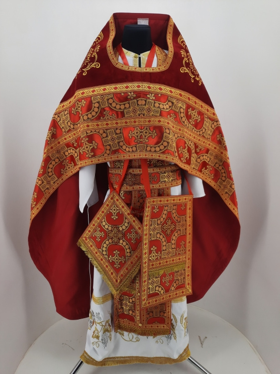 Priest Vestments, combined, made of brocade, with embroidered epitrachelion and icon of the Mother of God "Pochaev"