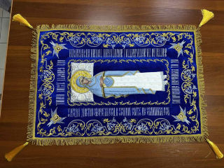 Epitaf Maicii Domnului pe catifea 120x80cm (Îngeri, argint) (broderie cu viță de vie, centru brodat și decorat) Limba ucraineană
