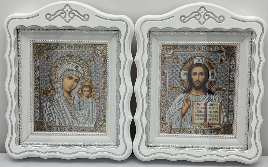 Icoane „Pereche de cununie” litografiate, ștampilate, albe, patinate argintiu 30x24cm