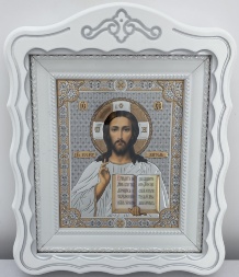 Icoane „Pereche de cununie” litografiate, ștampilate, albe, patinate argintiu 30x24cm