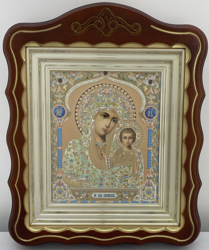 Icoane „Pereche de cununie” litografiată, cupolă galben-albastră, ramă, patinat auriu, 30х24cm