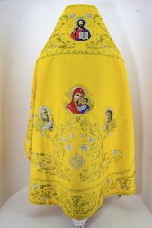 Veșmânt preoțesc brodat pe catifea, parte centrală brodată cu icoane, cu galon brodat