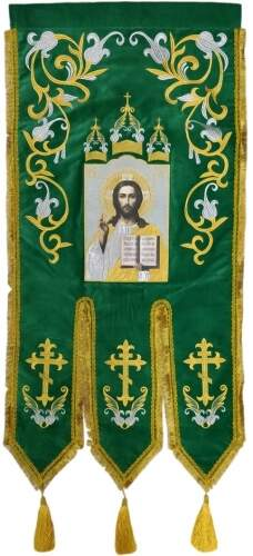 Steaguri brodate, (pereche), broderie „crin”, icoană brodată și cruce