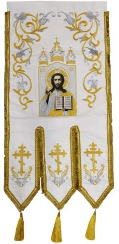 Steaguri brodate, (pereche), broderie „crin”, icoană brodată și cruce