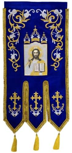 Steaguri brodate, (pereche), broderie „crin”, icoană brodată și cruce