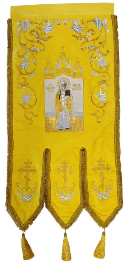 Steaguri brodate, (pereche), broderie „crin”, icoană brodată și cruce