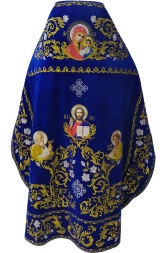 Veșmânt preoțesc, brodat pe catifea, cu broderie centrală cu icoane și galon brodat