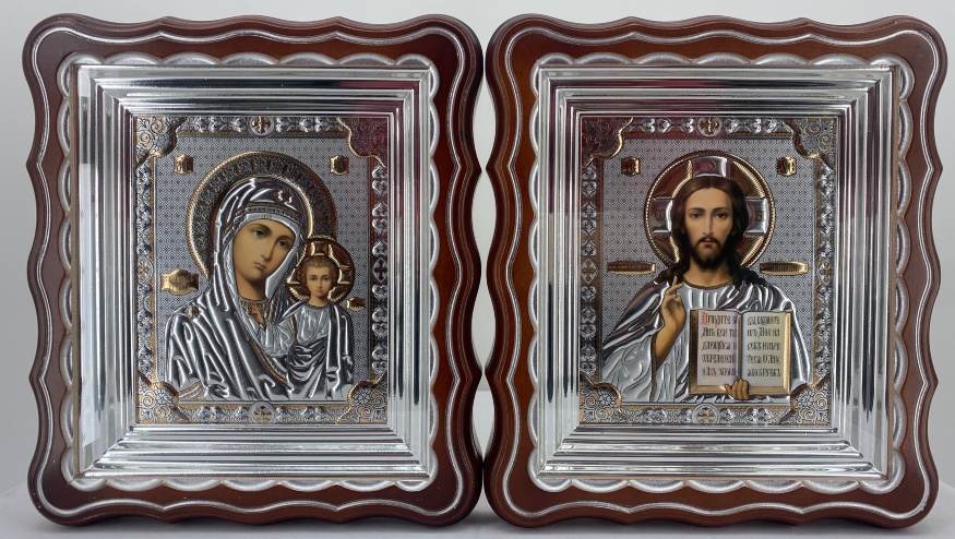 Icoane „Pereche nupțială” cu litere în relief, ramă, argint patinat, 27x24cm