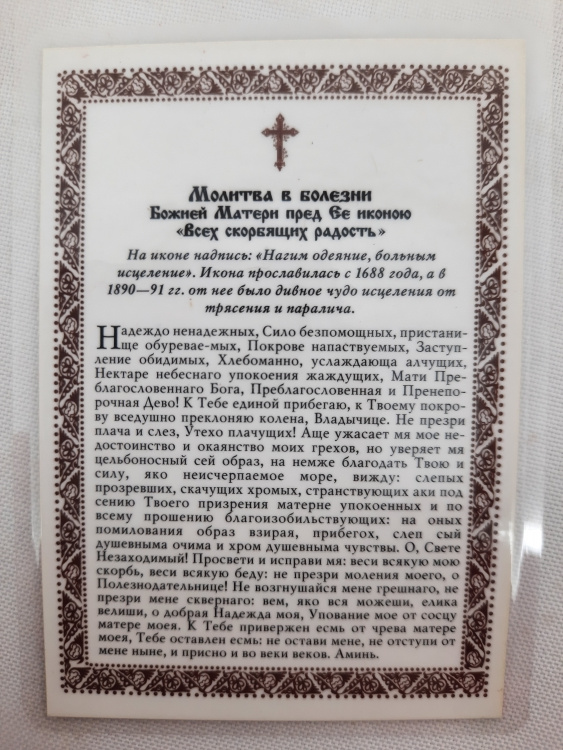 Icoană laminată a Maicii Domnului „Bucuria tuturor celor necăjiți” Rugăciune în boală