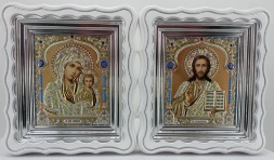 Icoane „Pereche nupțială” litografiate, cupolă – auriu, albastru, alb, argint patinat 27×24cm