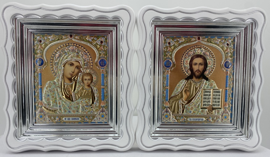 Icoane „Pereche nupțială” litografiate, cupolă – auriu, albastru, alb, argint patinat 27×24cm