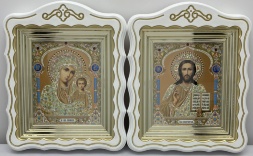 Icoane "Pereche Nupțială" litografie cupolă galben, albastru, alb, patinat auriu 30×24cm