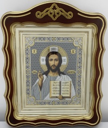 Icoane „Pereche de Cununie” litografiată gri, în ramă, patinată aurie 30x24cm