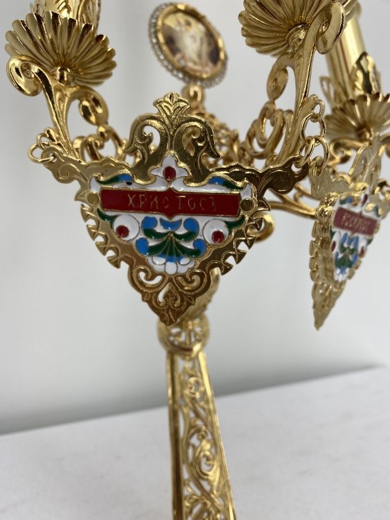 Tricandelabru pascal cu icoană No. 17, aurit 29х11cm