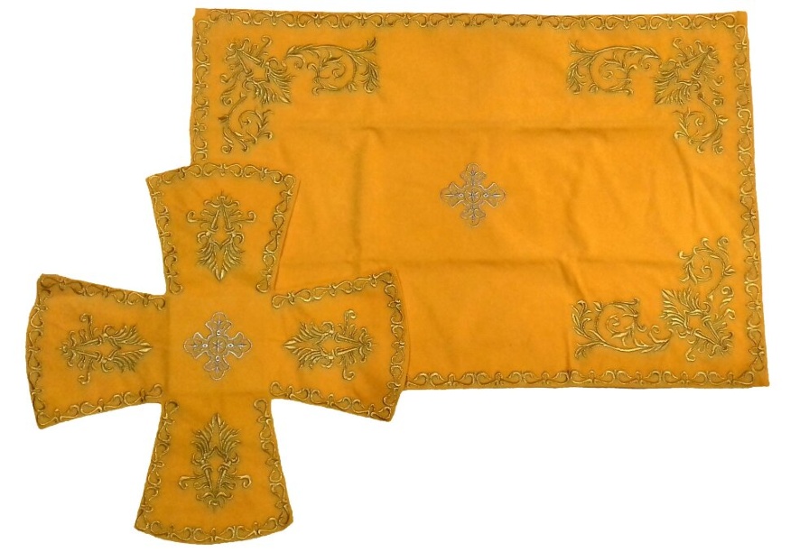 Acoperăminte și văl liturgic cu broderie „Foculeț”, cu galon cusut