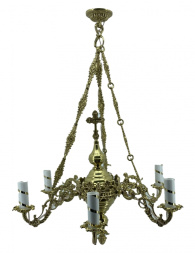 Panikadilo cu 6 lumânări mic, coroană poloneză, cruce radiantă, lanț din alamă cu 4 verigi, lungime 86cm, lățime 65cm (farfurie 15cm)