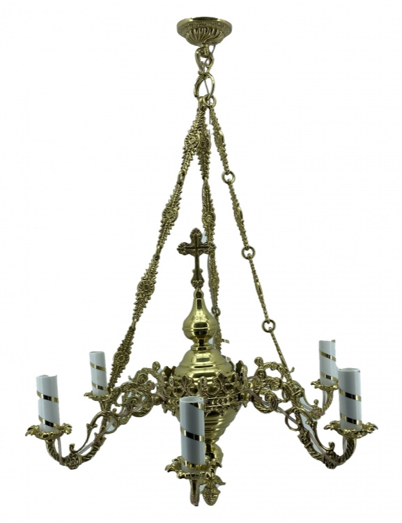 Panikadilo cu 6 lumânări mic, coroană poloneză, cruce radiantă, lanț din alamă cu 4 verigi, lungime 86cm, lățime 65cm (farfurie 15cm)