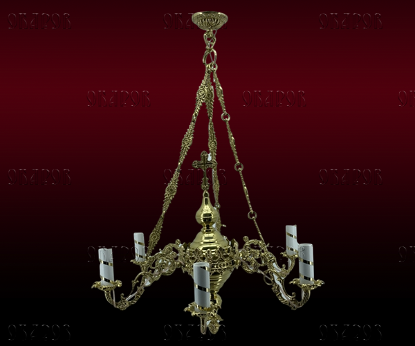 Panikadilo cu 6 lumânări mic, coroană poloneză, cruce radiantă, lanț din alamă cu 4 verigi, lungime 86cm, lățime 65cm (farfurie 15cm)