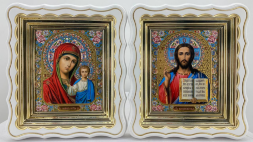 Icoane „Pereche de cununie” literă color floare, albă, patină aur 27×25cm