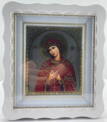 Icoană a Maicii Domnului „Sapte Săgeți” fără patină, ramă albă, 27×25cm