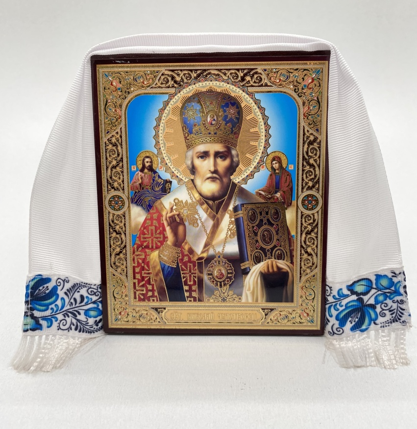 Icoană Sfântului Ierarh Nicolae Făcătorul de Minuni (fundal albastru) 10x12