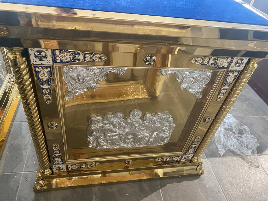 Prestol 80x80, albastru, icoane albe