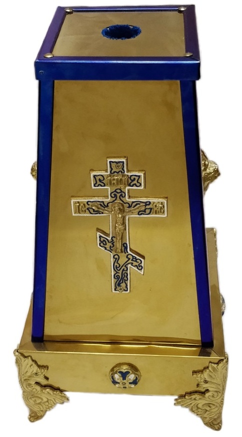 Suport 31x31cm bază 18,5x18,5cm partea superioară (înălțime 60cm), cruce mică, picioare turnate, îngeri, nasturi