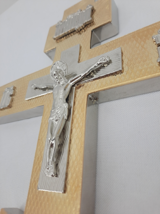 Cruce de altar, metal, aurit, cu icoană argintată, 33,5x17,5cm