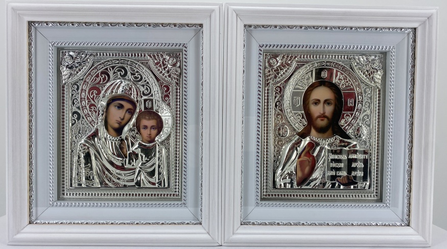 Icoane „Perechea Cununiei” (riză argintie, ramă albă, imprimată) 26×23cm