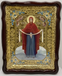 Icoană Acoperământul Preasfintei Născătoare de Dumnezeu (în picioare) 62х49cm email albastru