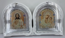 Icoane „Perechea de cununie” (cupol liturgic galben albastru, fond alb, argintiu patinat, ramă argintie) 27x25cm