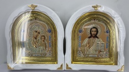 Icoane „Perechea de cununie” (litografiate, fundal galben, albastru, alb, fără patină, ramă aurie) 27×25 cm