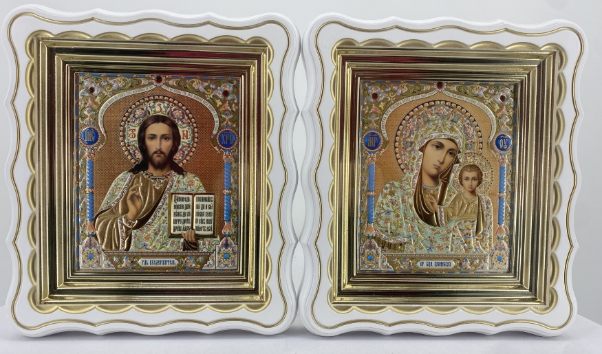 Icoane „Perechea de cununie” litografiate, cupolă – aurit, albastru, alb, patinat auriu 27×24 cm