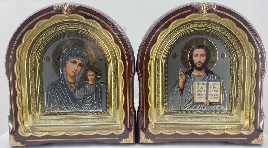 Icoane „Pereche de nuntă” litografiat, argintiu, decor auriu patinat, ramă aurie 27×25cm