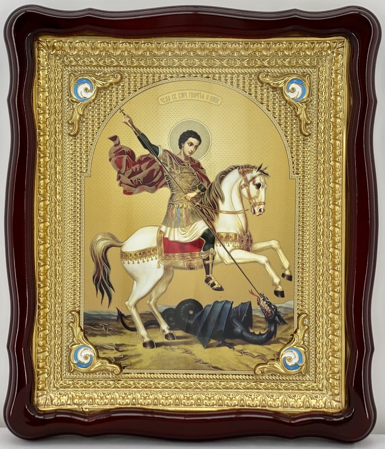 Icoană Minunea Sfântului Gheorghe Purtătorul de Biruință despre Balaur 48×42cm