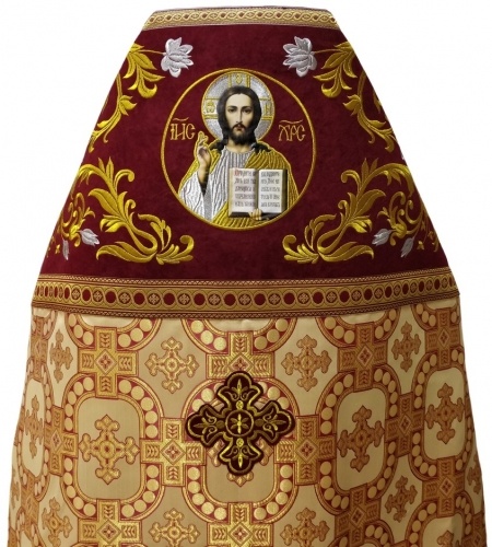 Veșmânt preoțesc combinat din brocart „Crucea Regală”, cu epitrahil brodat, Broderie „Trandafir”