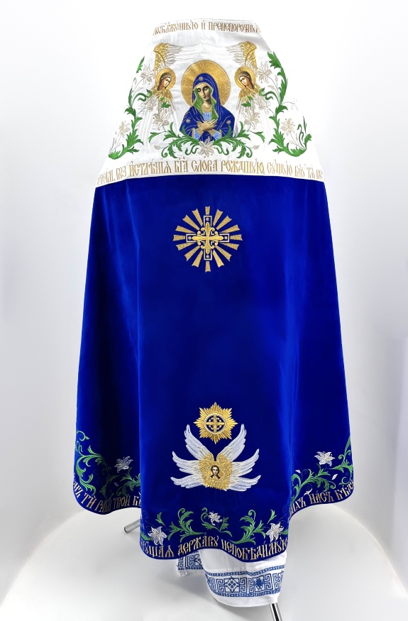 Veșmânt preoțesc combinat brodat pe catifea, cu icoane brodate, broderie „Crini”