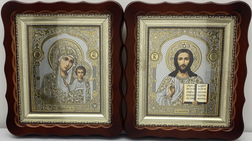 Icoane „Pereche de cununie” (litografie, aurire, floare), cutie, fără pătrat, 27x24cm