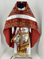 Veșmânt combinat preoțesc brodat pe brocart, cu icoane brodate, broderie „Paștală”