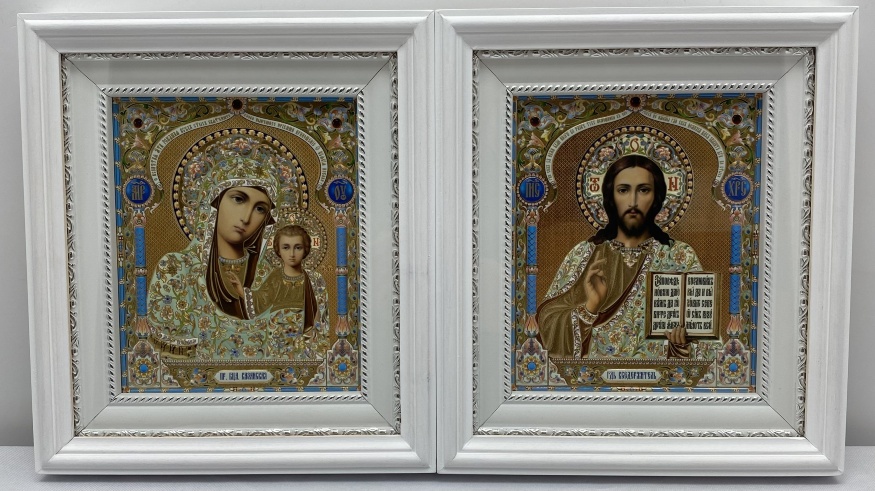 Icoane „Pereche de cununie” (tipăritură, imprimare cu foaie de aur și argint, ramă albă, dreptunghiulară) 26×23cm