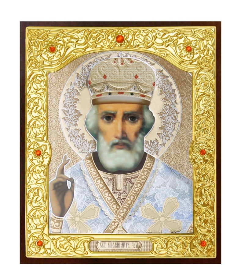Икона святителя Николая Чудотворца, жёлтый фон, серая митра