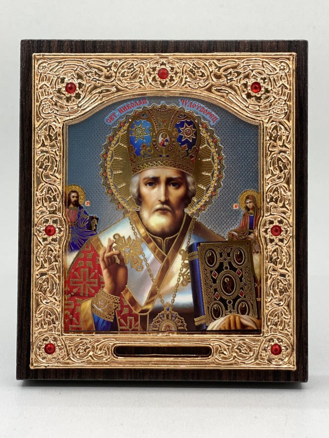 Икона святителя Николая Чудотворца, серый фон, синяя митра, 11x13