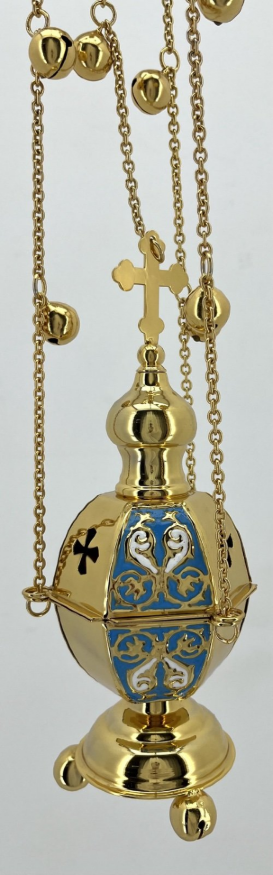 Кадило шестигранное, золочёное, с цветной эмалью, с колокольчиками