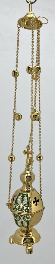 Кадило шестигранное, золочёное, с цветной эмалью, с колокольчиками