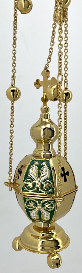 Кадило шестигранное, золочёное, с цветной эмалью, с колокольчиками